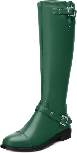 WAYDERNS Knee High Boots for Women Low Heel Round Toe 1 Inch Tall Boots Zipper Comfortable Riding Party Fall Winter Boots