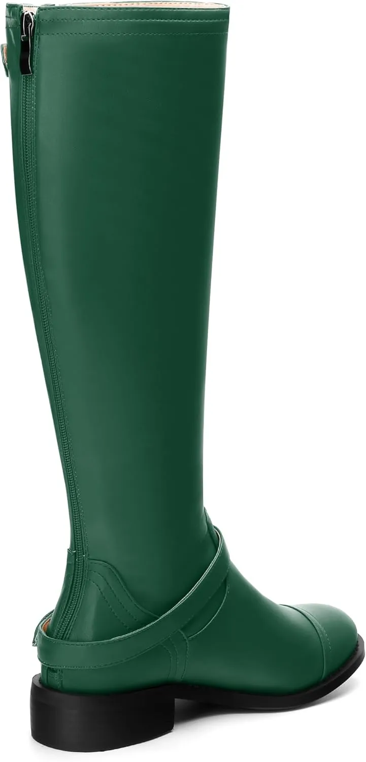 WAYDERNS Knee High Boots for Women Low Heel Round Toe 1 Inch Tall Boots Zipper Comfortable Riding Party Fall Winter Boots