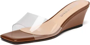 WAYDERNS Women's PVC Clear Solid Sexy Square Toe Slip On Party Wedge Low Heel Heeled Sandals 2 Inch