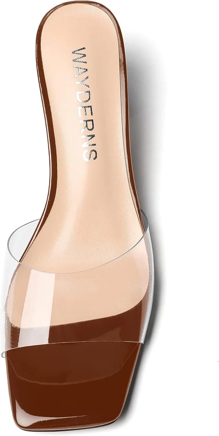 WAYDERNS Women's PVC Clear Solid Sexy Square Toe Slip On Party Wedge Low Heel Heeled Sandals 2 Inch