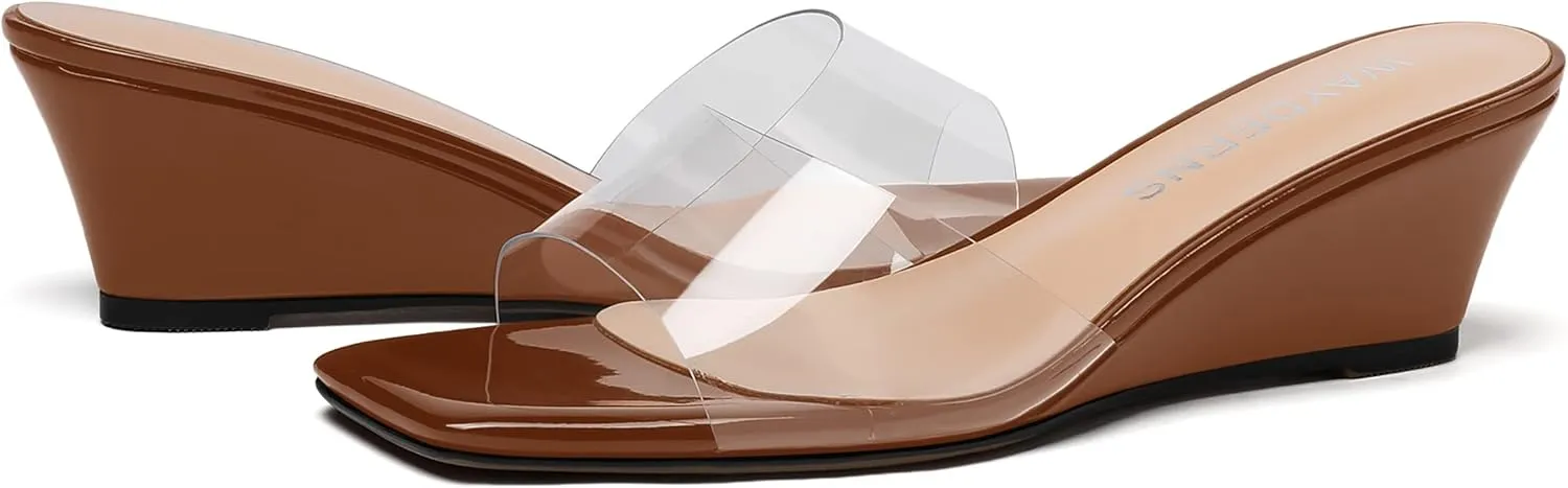 WAYDERNS Women's PVC Clear Solid Sexy Square Toe Slip On Party Wedge Low Heel Heeled Sandals 2 Inch