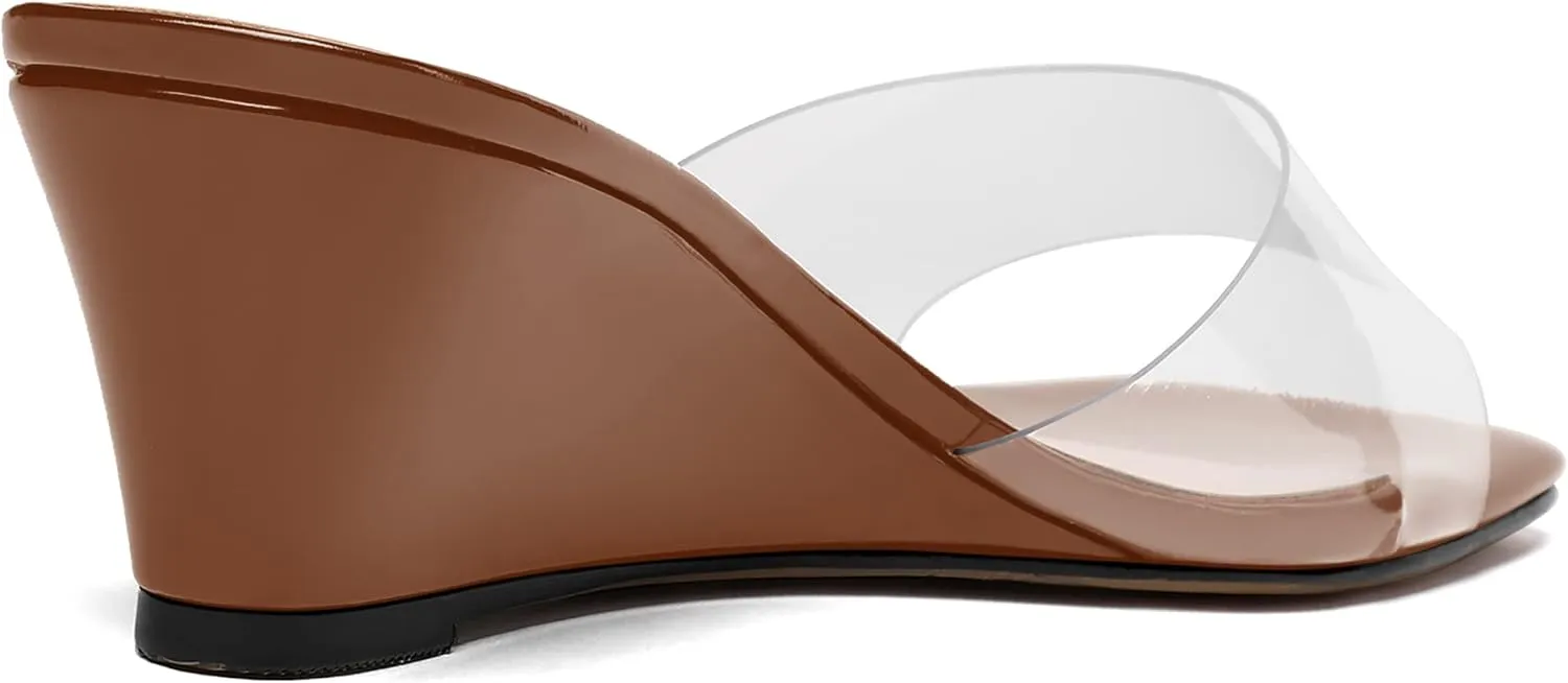 WAYDERNS Women's PVC Clear Solid Sexy Square Toe Slip On Party Wedge Low Heel Heeled Sandals 2 Inch