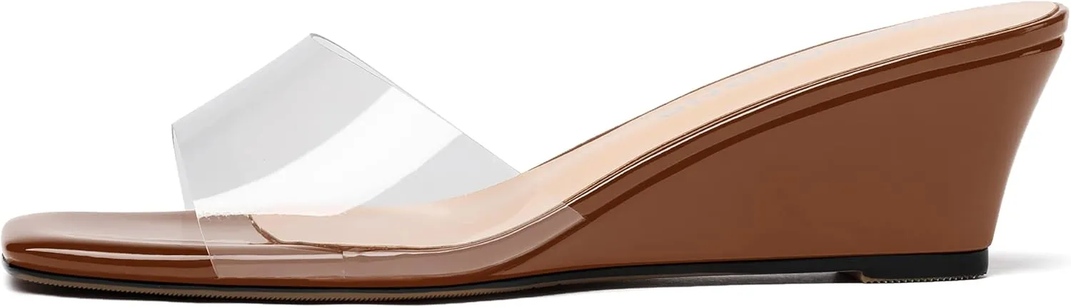 WAYDERNS Women's PVC Clear Solid Sexy Square Toe Slip On Party Wedge Low Heel Heeled Sandals 2 Inch