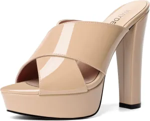 WAYDERNS Womens Slip On Patent Peep Toe Dating Fashion Block High Heel Platforms Sandals 5 Inch