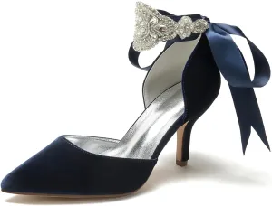 Wedding Bridal Pointed Toe Womens High Heel Shoes Ankle Buckle Pumps Rhinestones Heeled Bowknot Court Sandals Evening Party Dress,Dark Blue,11