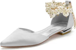 Wedding Bridal Shoes Beaded Ankle Strap Low Heels Women's Pumps Pointed Toe Closed Toe Sandal 2CM High Heels Satin Flats Elegant Formal,Silver,11