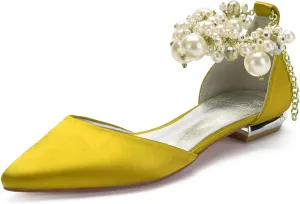 Wedding Bridal Shoes Beaded Ankle Strap Low Heels Women's Pumps Pointed Toe Closed Toe Sandal 2CM High Heels Satin Flats Elegant Formal,Yellow,9