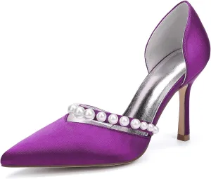 Wedding Bridal Shoes Satin Closed Toe Pointed Toe Sandals Pumps Womens Bride Shoes Stiletto High Heels Slip-On Evening Dress Rhinestones,Purple,10