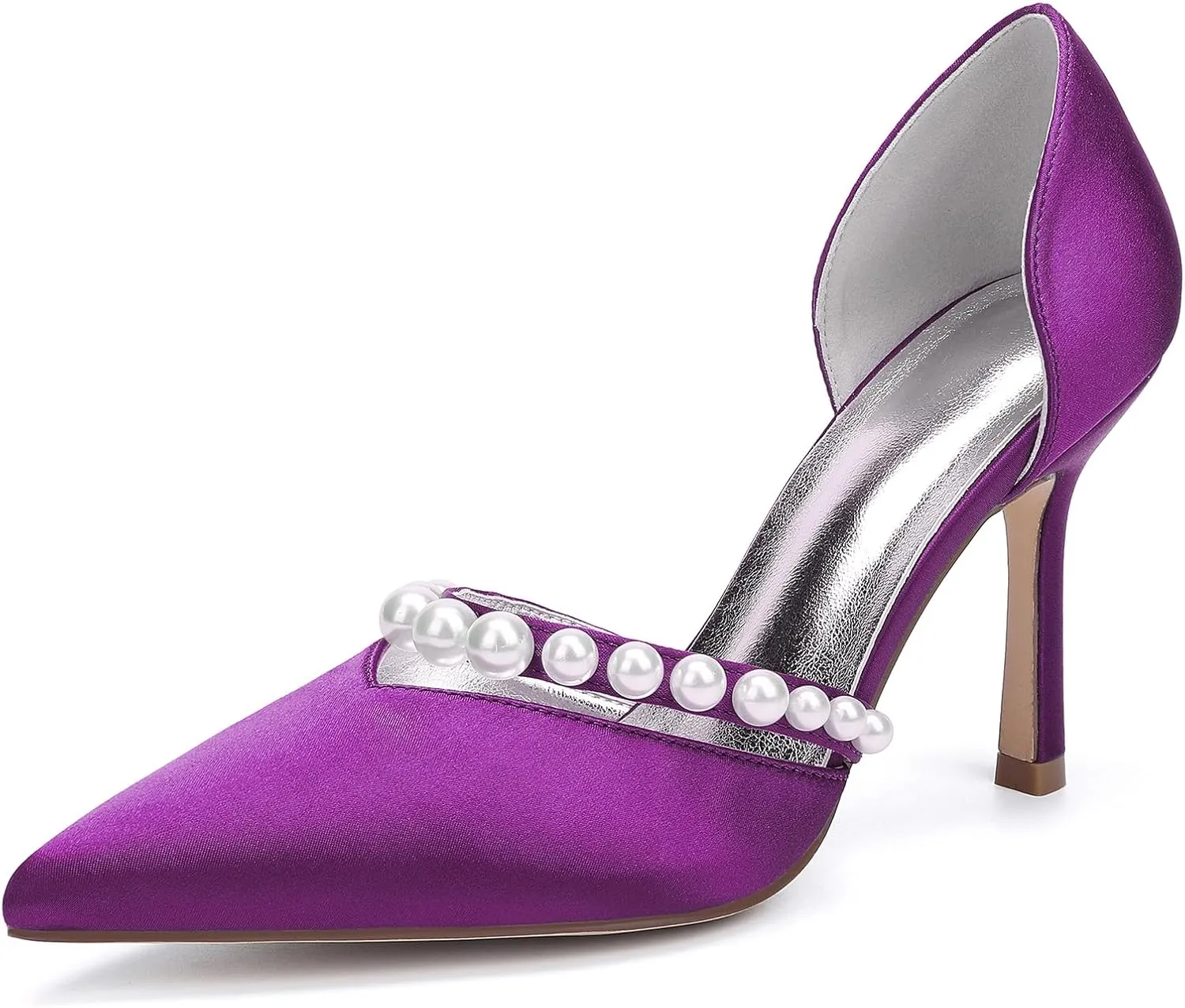 Wedding Bridal Shoes Satin Closed Toe Pointed Toe Sandals Pumps Womens Bride Shoes Stiletto High Heels Slip-On Evening Dress Rhinestones,Purple,10