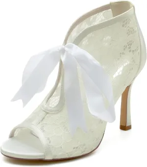 Wedding Dress Shoes for Bride Sandals for Women Lace Ankle Bootie Pumps with Heels Stiletto Heeled Ribbon Tie Peep Toe High Heels Sandal