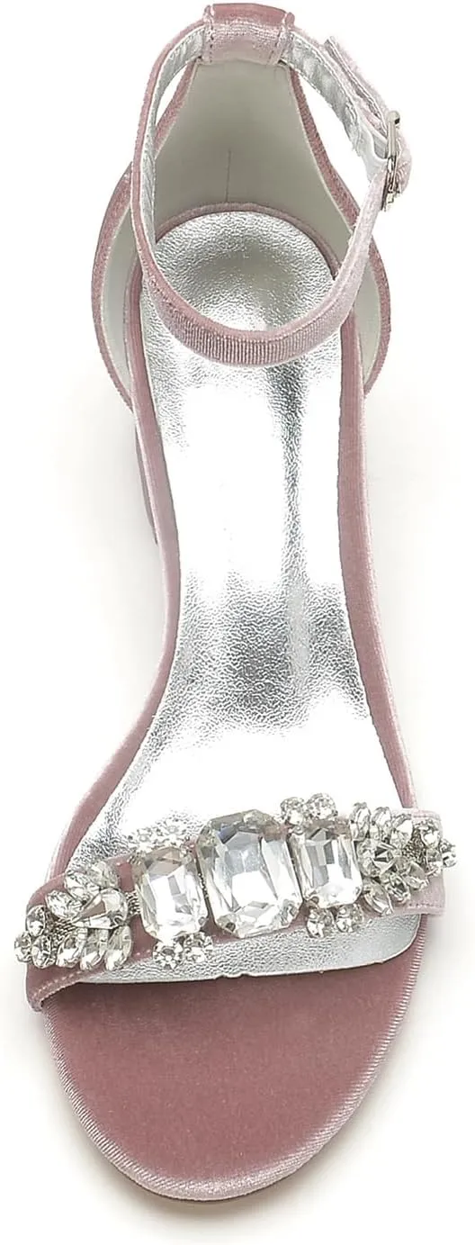 Wedding High Heels Block Pumps Open Toe Women Bridal Shoes Ankle Strap Bride Shoes Sandals Party Dress Rhinestones Bridesmaids