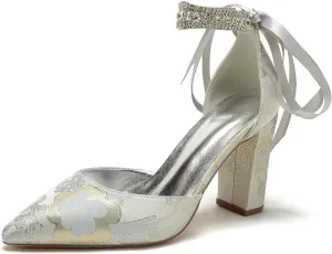 Wedding Shoes for Bride Closed Toe Block Heel Womens High Heels Pointed Toe Pumps Bridal Shoes Bowknot Strap Pearl Sandals Floral Satin Evening,Silver,7