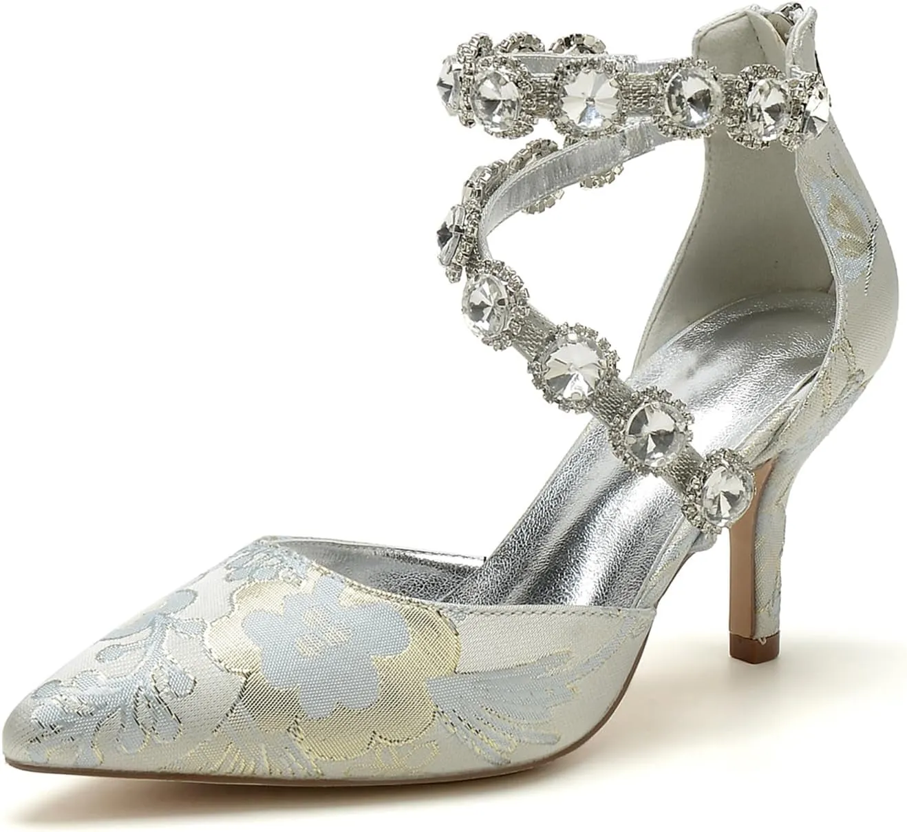 Wedding Shoes for Bride Closed Toe Womens Pointed Toe Bridal Shoes Ankle Strap Stiletto Pumps Floral Satin Evening Dress Sandals Elegant,Silver,8