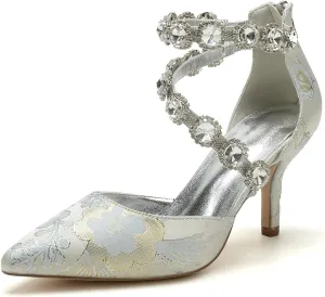 Wedding Shoes for Bride Closed Toe Womens Pointed Toe Bridal Shoes Ankle Strap Stiletto Pumps Floral Satin Evening Dress Sandals Elegant,Silver,8