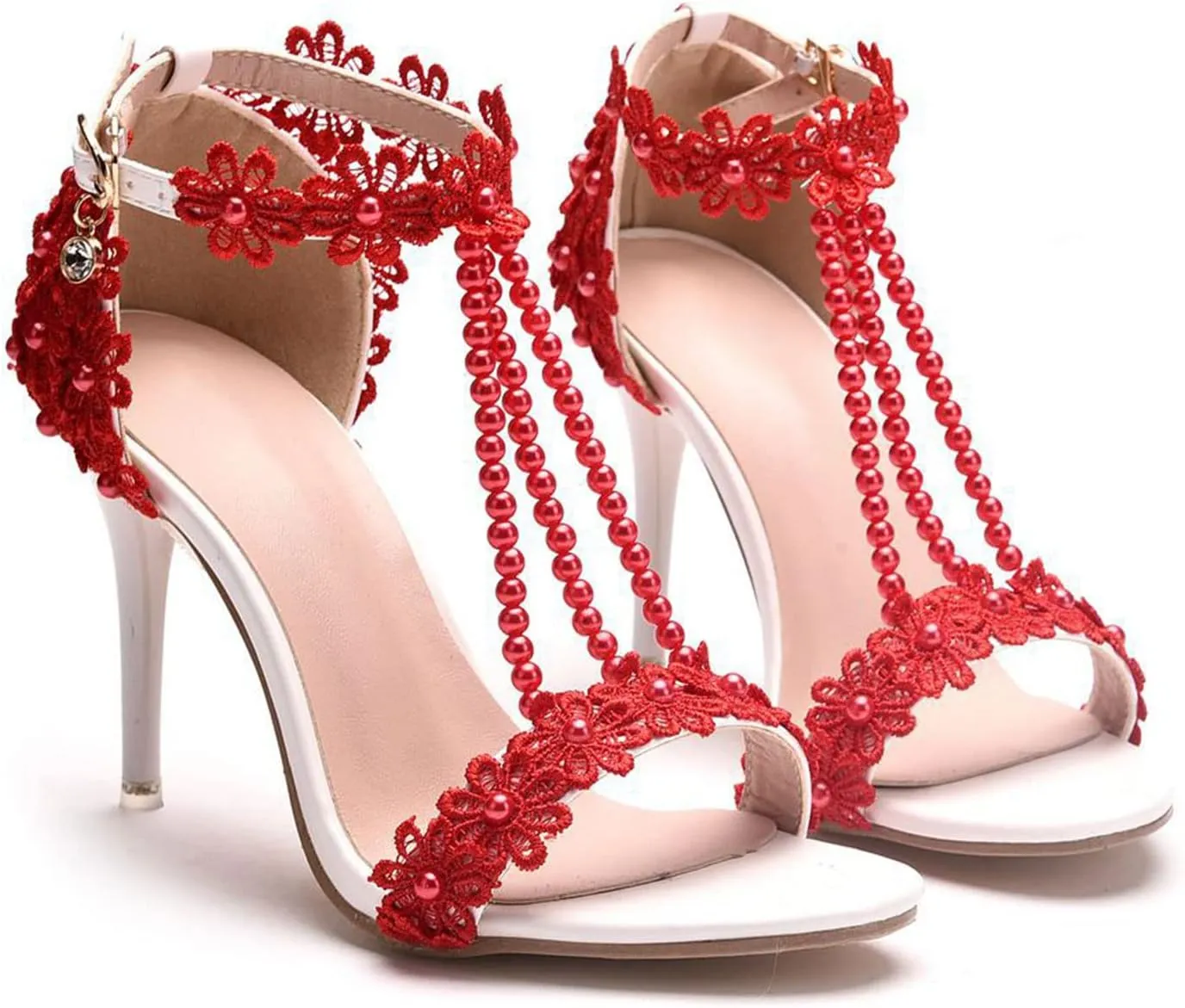 Wedding Shoes Sandals 9Cm Ladies High Heels Bridesmaid Shoes Wedding One Word Buckle Straps Lace Beaded Stiletto Fish Mouth Roman Sandals