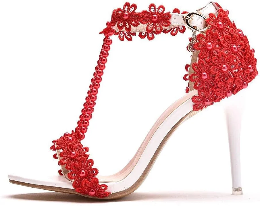 Wedding Shoes Sandals 9Cm Ladies High Heels Bridesmaid Shoes Wedding One Word Buckle Straps Lace Beaded Stiletto Fish Mouth Roman Sandals