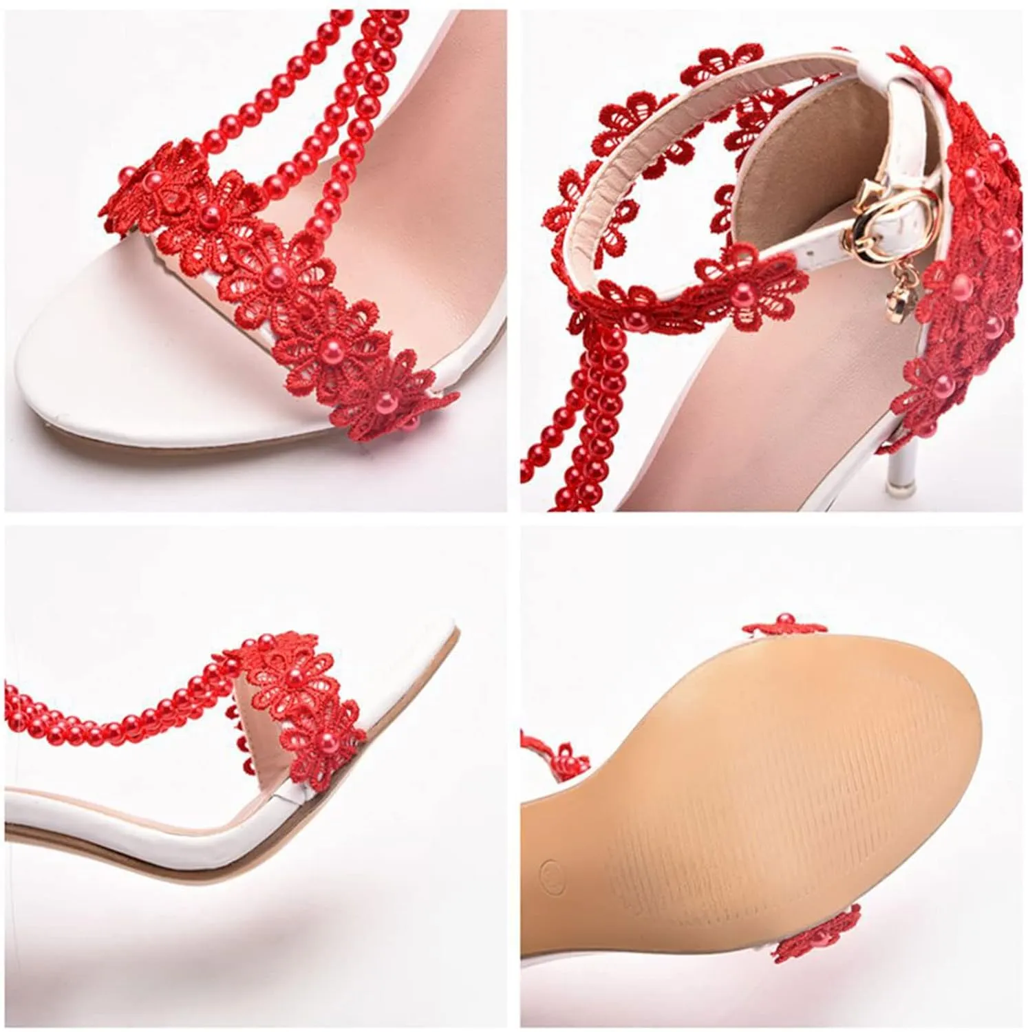 Wedding Shoes Sandals 9Cm Ladies High Heels Bridesmaid Shoes Wedding One Word Buckle Straps Lace Beaded Stiletto Fish Mouth Roman Sandals