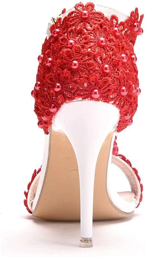 Wedding Shoes Sandals 9Cm Ladies High Heels Bridesmaid Shoes Wedding One Word Buckle Straps Lace Beaded Stiletto Fish Mouth Roman Sandals