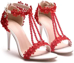 Wedding Shoes Sandals 9Cm Ladies High Heels Bridesmaid Shoes Wedding One Word Buckle Straps Lace Beaded Stiletto Fish Mouth Roman Sandals