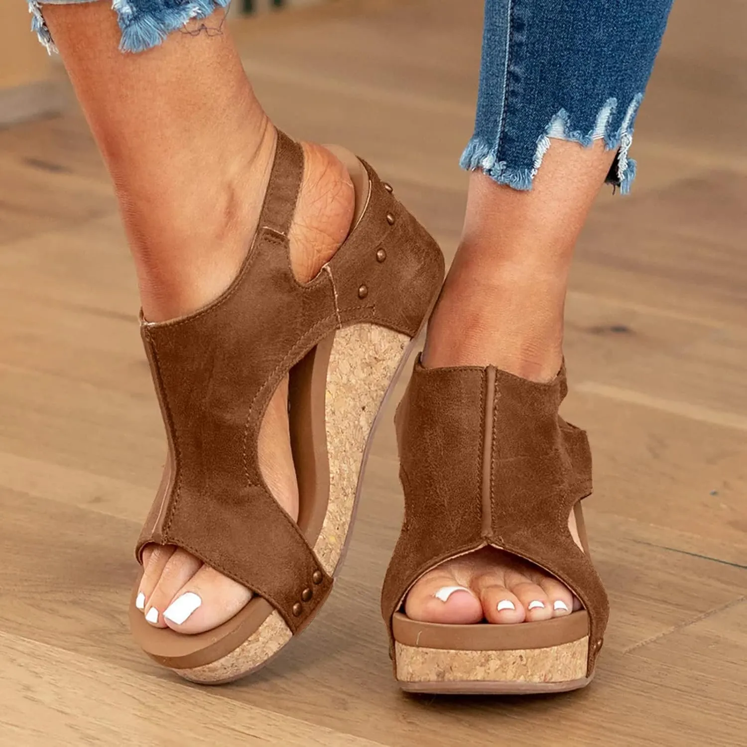 Wedge Sandals for Women, Womens Espadrilles Wedges Low Heel Open Toe Buckle Ankle Strap Leather Sandals Comfortable Strappy Platform Sandals Orthopedic Sandals Casual Summer Shoes (A-Brown, 7)
