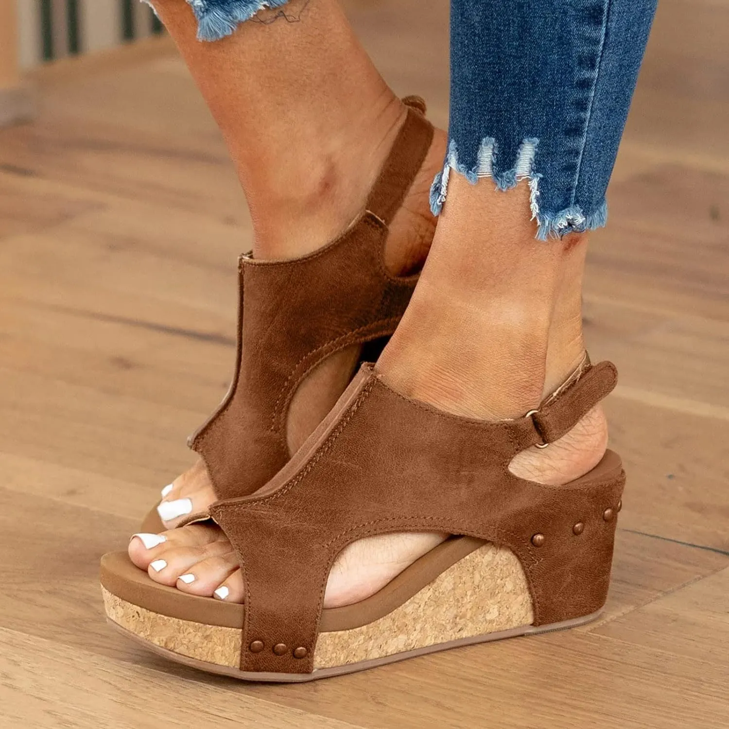 Wedge Sandals for Women, Womens Espadrilles Wedges Low Heel Open Toe Buckle Ankle Strap Leather Sandals Comfortable Strappy Platform Sandals Orthopedic Sandals Casual Summer Shoes (A-Brown, 7)