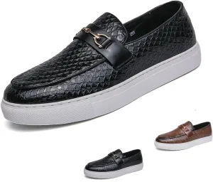 WENOREG Men's Crocodile Slip On Loafers,Fashion Pointed Toe Patent Leather Metal Buckle Comfortable Casual Walking Shoes Business Work Office Dress Moccasins Sneakers