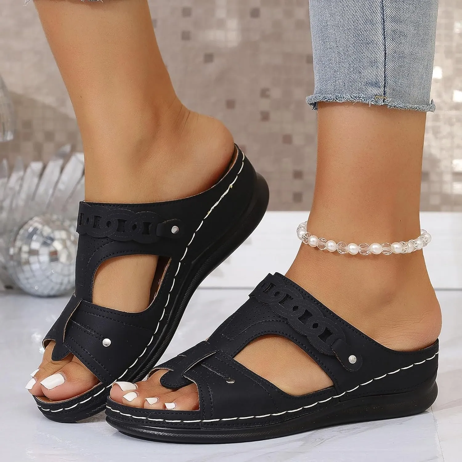 Wide Toe Sandals for Women Casual Plantar Fasciitis Slippers Summer Orthopedic Wedge Sandal Comfort Beach Sandals Stylish Soft Slip on Platform Slippers Walking Slipper with Arch Support