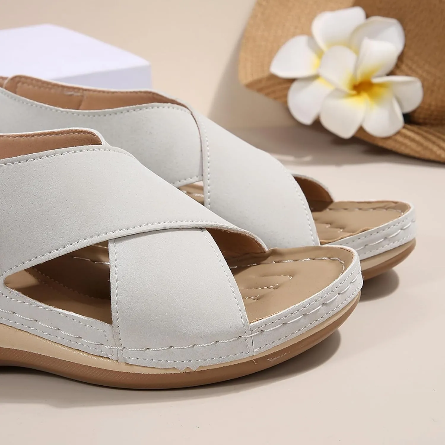 Wide Width 2025 Women's Sandals Open Toe X-Strap Orthopedic Slip On Sandal with Adjustable Ankle Strap Ladies Low Wedge Heel Arch Support Comfy Casual Slippers Recovery Mules Summer Shoes
