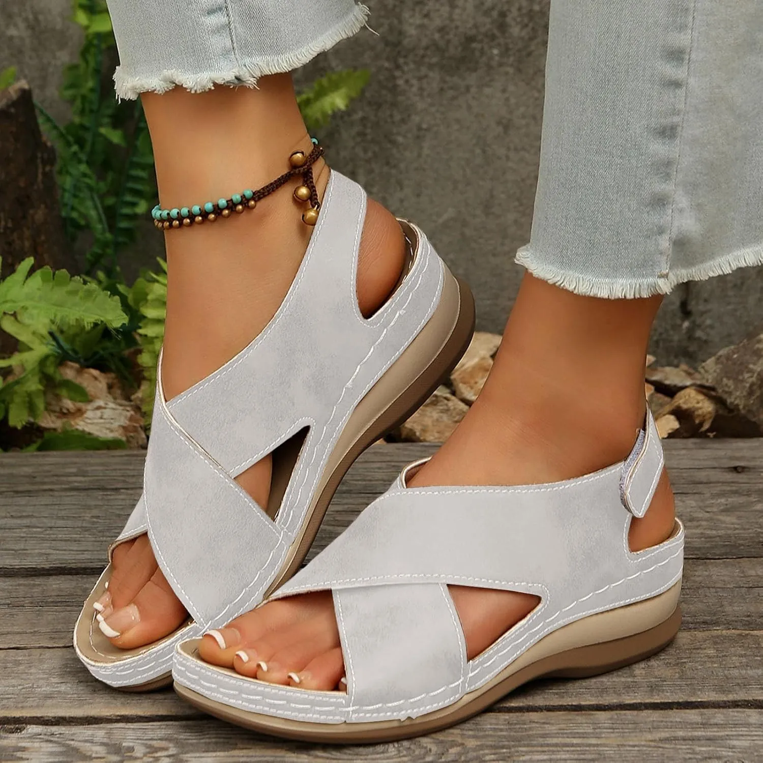 Wide Width 2025 Women's Sandals Open Toe X-Strap Orthopedic Slip On Sandal with Adjustable Ankle Strap Ladies Low Wedge Heel Arch Support Comfy Casual Slippers Recovery Mules Summer Shoes