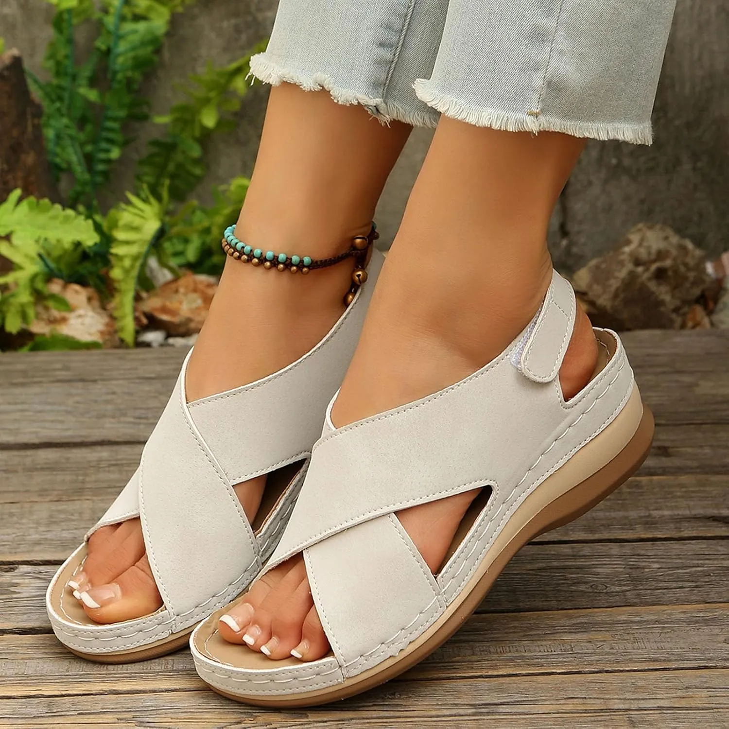 Wide Width 2025 Women's Sandals Open Toe X-Strap Orthopedic Slip On Sandal with Adjustable Ankle Strap Ladies Low Wedge Heel Arch Support Comfy Casual Slippers Recovery Mules Summer Shoes