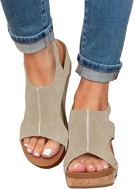 Wide Width Platform Wedge Sandals For Women Summer Dressy,Womens Open Toe Buckle Ankle Strap Cork Orthopedic Sandals Women's Slip On Beach Walking Shoes