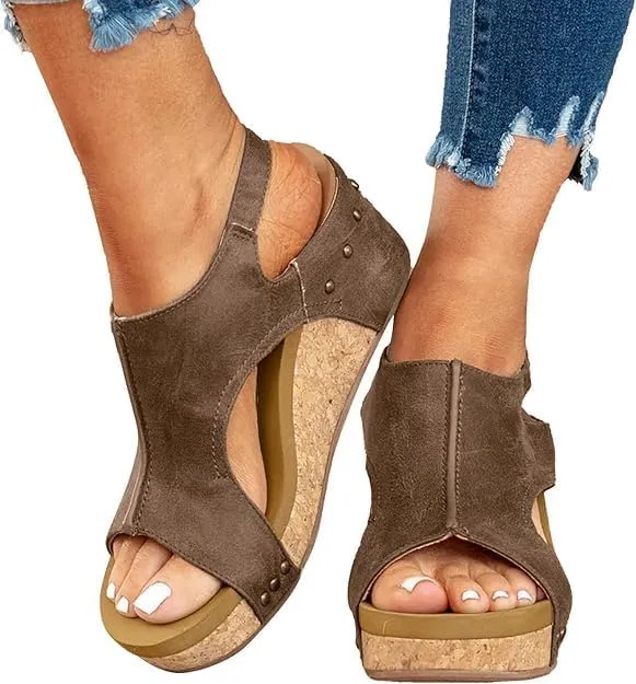 Wide Width Platform Wedge Sandals For Women Summer Dressy,Womens Open Toe Buckle Ankle Strap Cork Orthopedic Sandals Women's Slip On Beach Walking Shoes