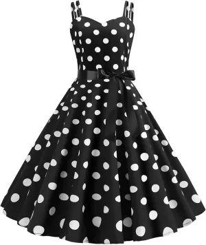 Women 1950s Party Midi Gowns Sleeveless Polka Dot Print Evening Prom Swing Dress
