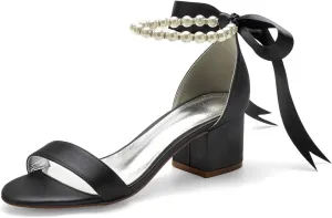 Women Block Heel Satin Pearls Wedding Sandals Open Toe Ribbon Tie Party Dress Heeled Sandal Shoes 702-7