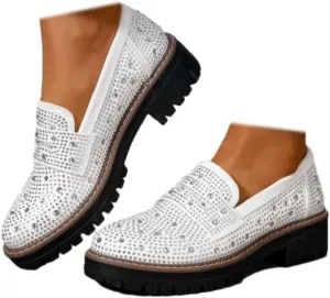 Women Chunky Loafers Rhinestone Round Toe Platform Loafers Comfort Work Office Business Dressy Pumps Loafers