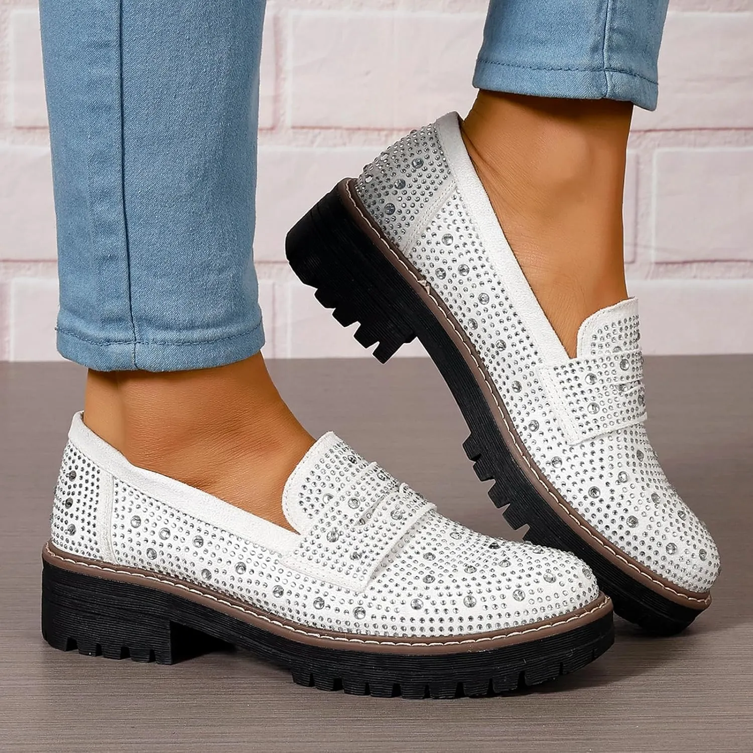 Women Chunky Loafers Rhinestone Round Toe Platform Loafers Comfort Work Office Business Dressy Pumps Loafers