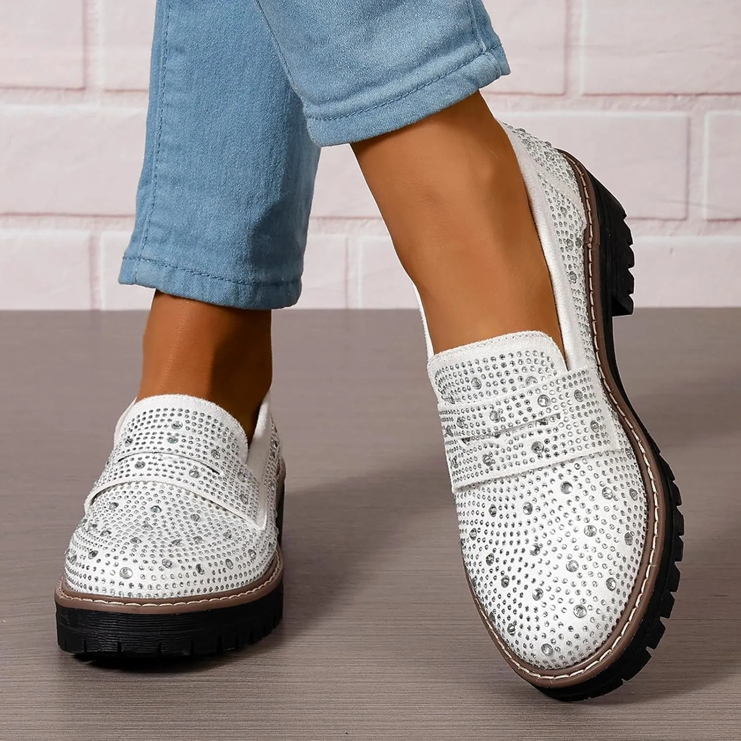 Women Chunky Loafers Rhinestone Round Toe Platform Loafers Comfort Work Office Business Dressy Pumps Loafers