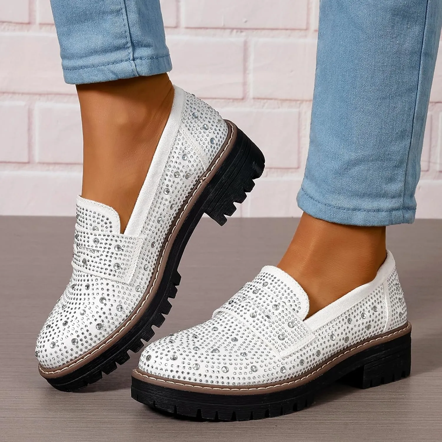 Women Chunky Loafers Rhinestone Round Toe Platform Loafers Comfort Work Office Business Dressy Pumps Loafers