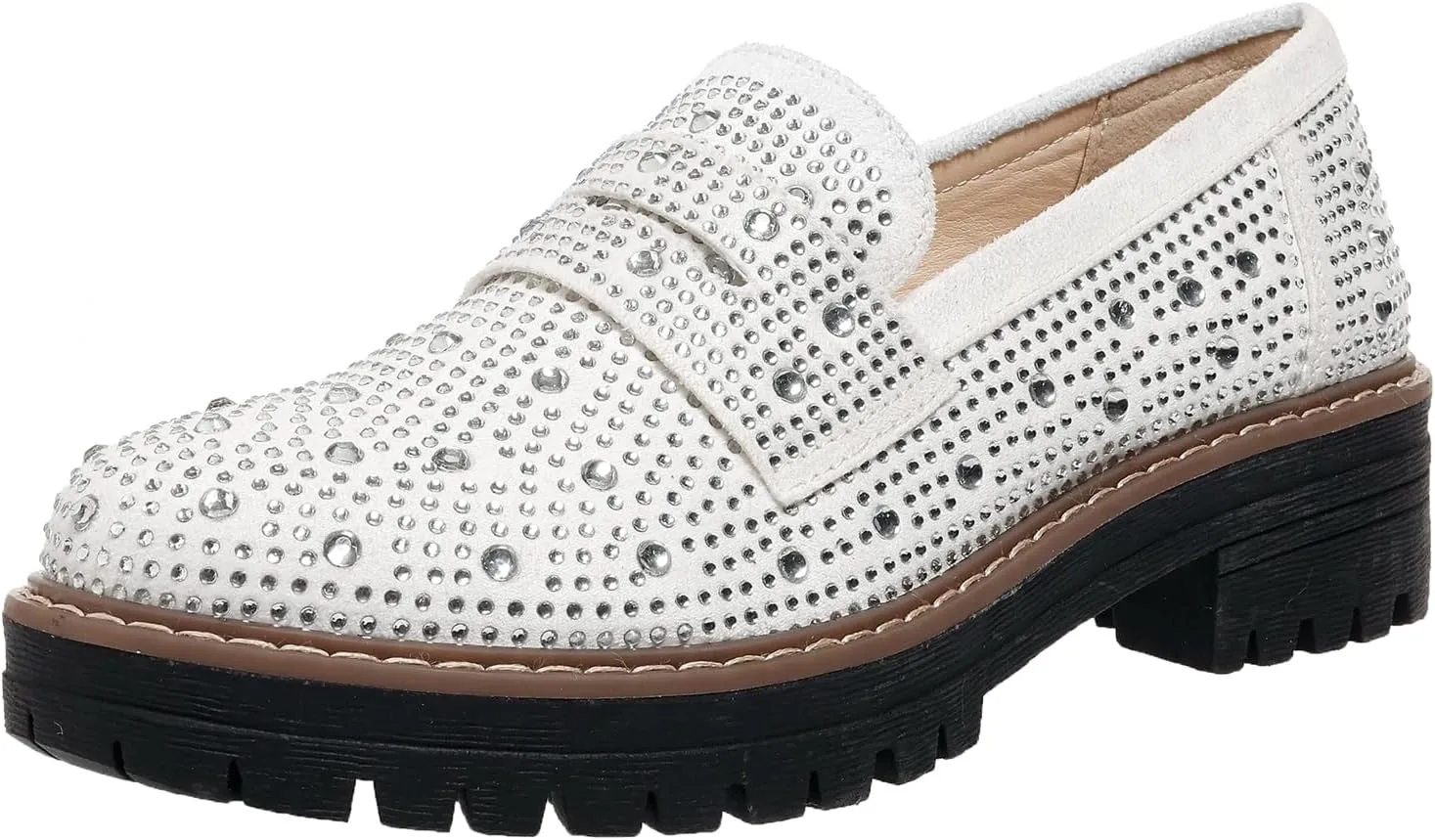 Women Chunky Loafers Rhinestone Round Toe Platform Loafers Comfort Work Office Business Dressy Pumps Loafers