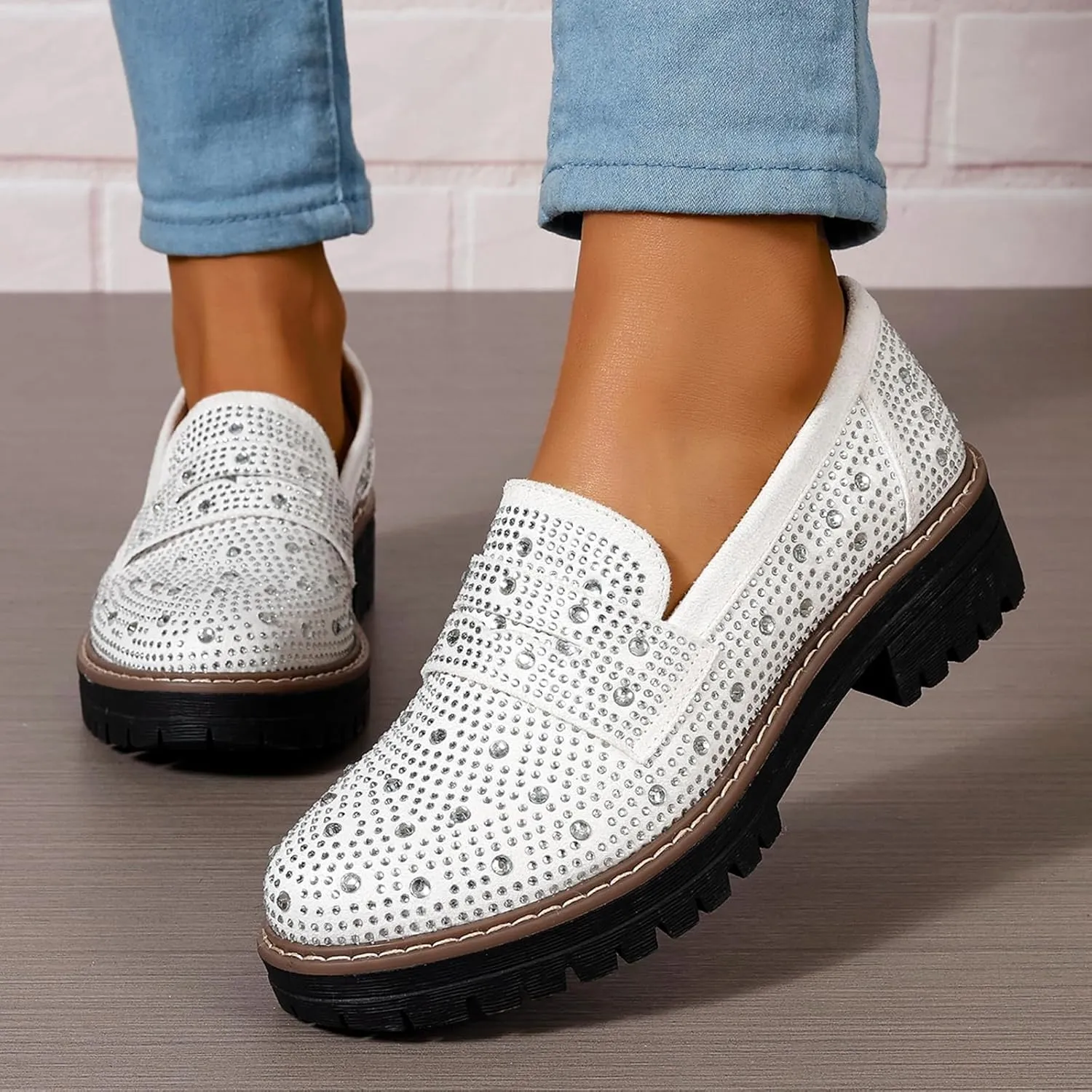 Women Chunky Loafers Rhinestone Round Toe Platform Loafers Comfort Work Office Business Dressy Pumps Loafers