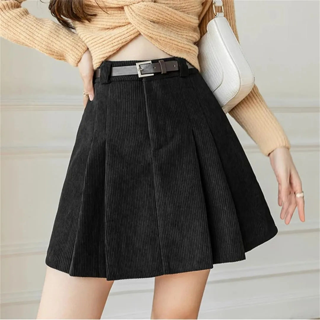 Women Corduroy for High Waist Slim Retro Short Saias with Belt Pleated Skirt