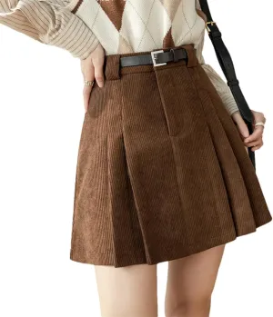 Women Corduroy for High Waist Slim Retro Short Saias with Belt Pleated Skirt