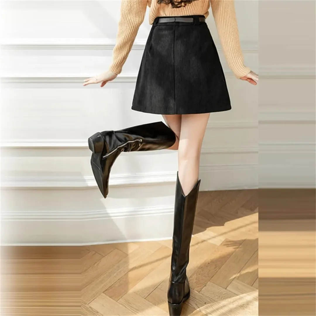 Women Corduroy for High Waist Slim Retro Short Saias with Belt Pleated Skirt
