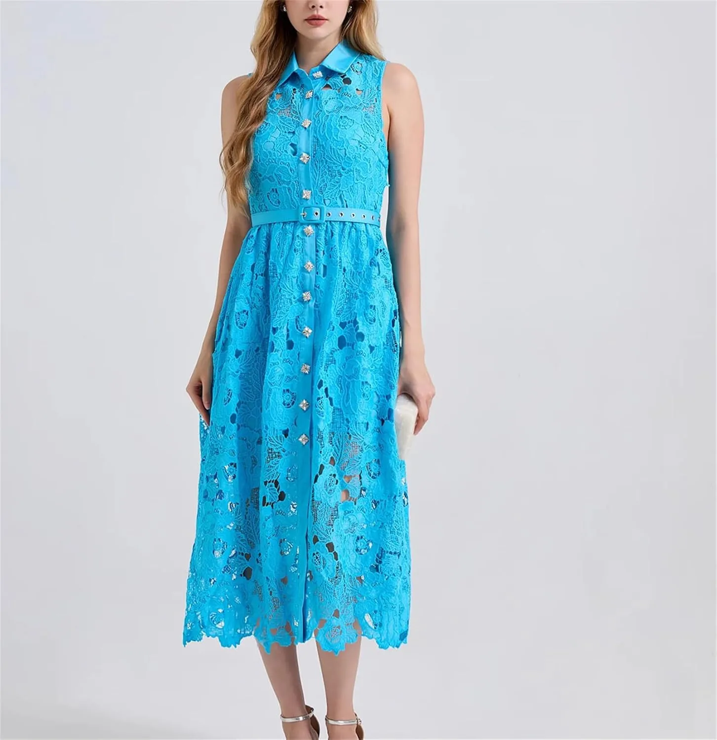 Women Elegant Ruffles Lace Flower Embroidery Maxi Dresses Shirt Loose Long Sleeve Party Vestidos