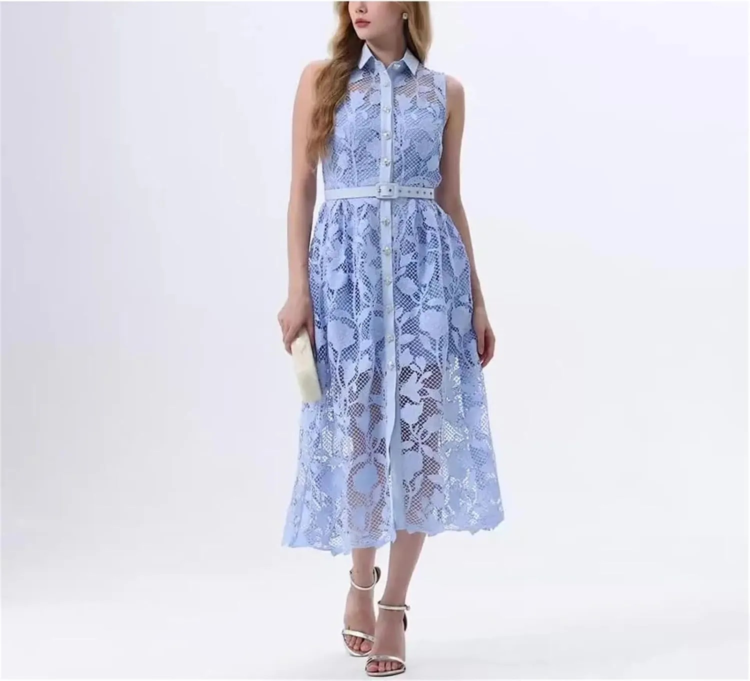 Women Elegant Ruffles Lace Flower Embroidery Maxi Dresses Shirt Loose Long Sleeve Party Vestidos
