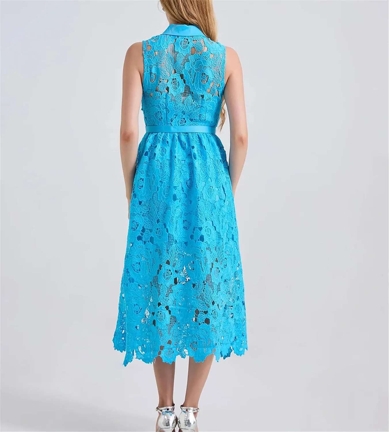 Women Elegant Ruffles Lace Flower Embroidery Maxi Dresses Shirt Loose Long Sleeve Party Vestidos