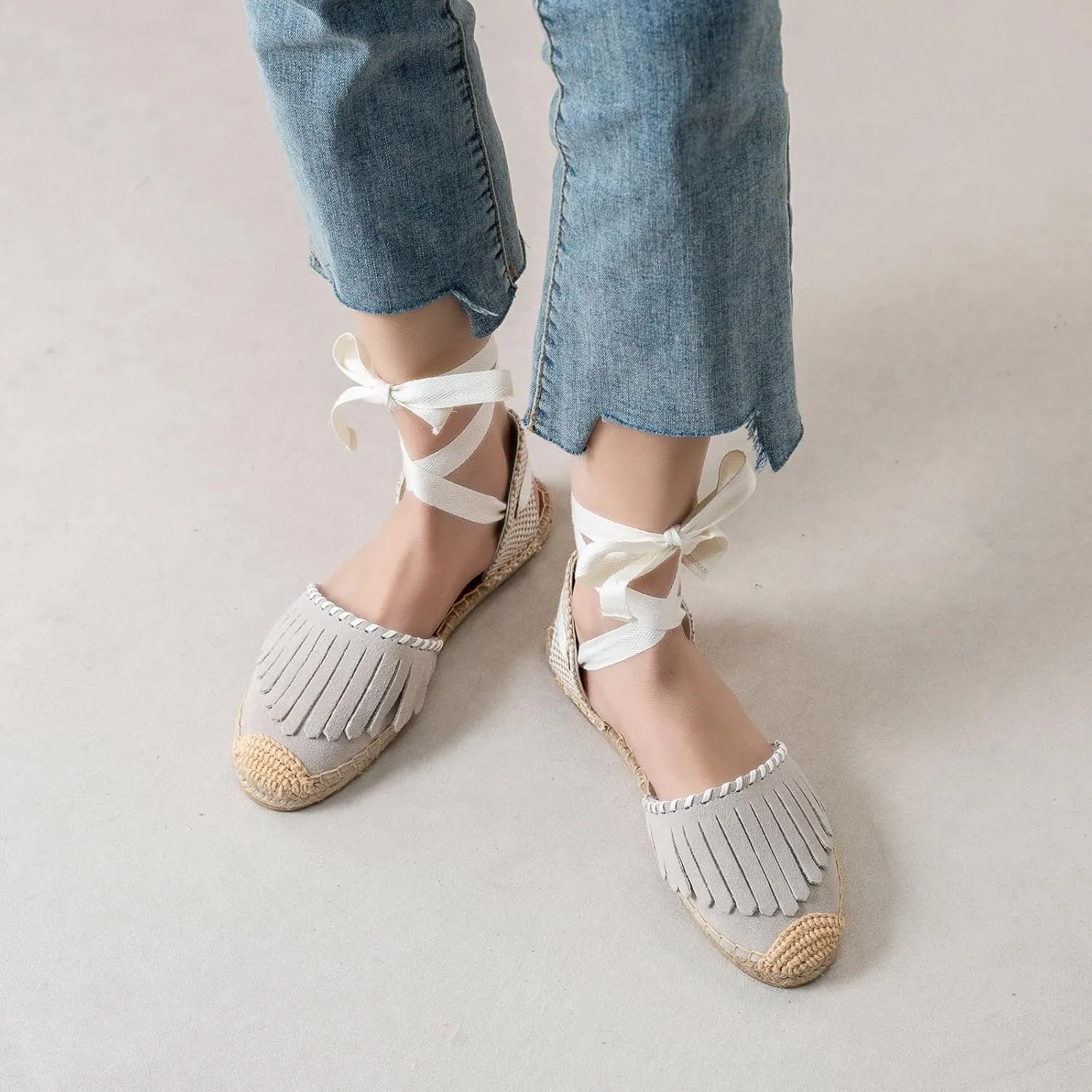 Women Espadrille Lace Up Flats Comfortable Summer Breathable Espadrille Sandals Adjustable Shoelace Dating Work Travel