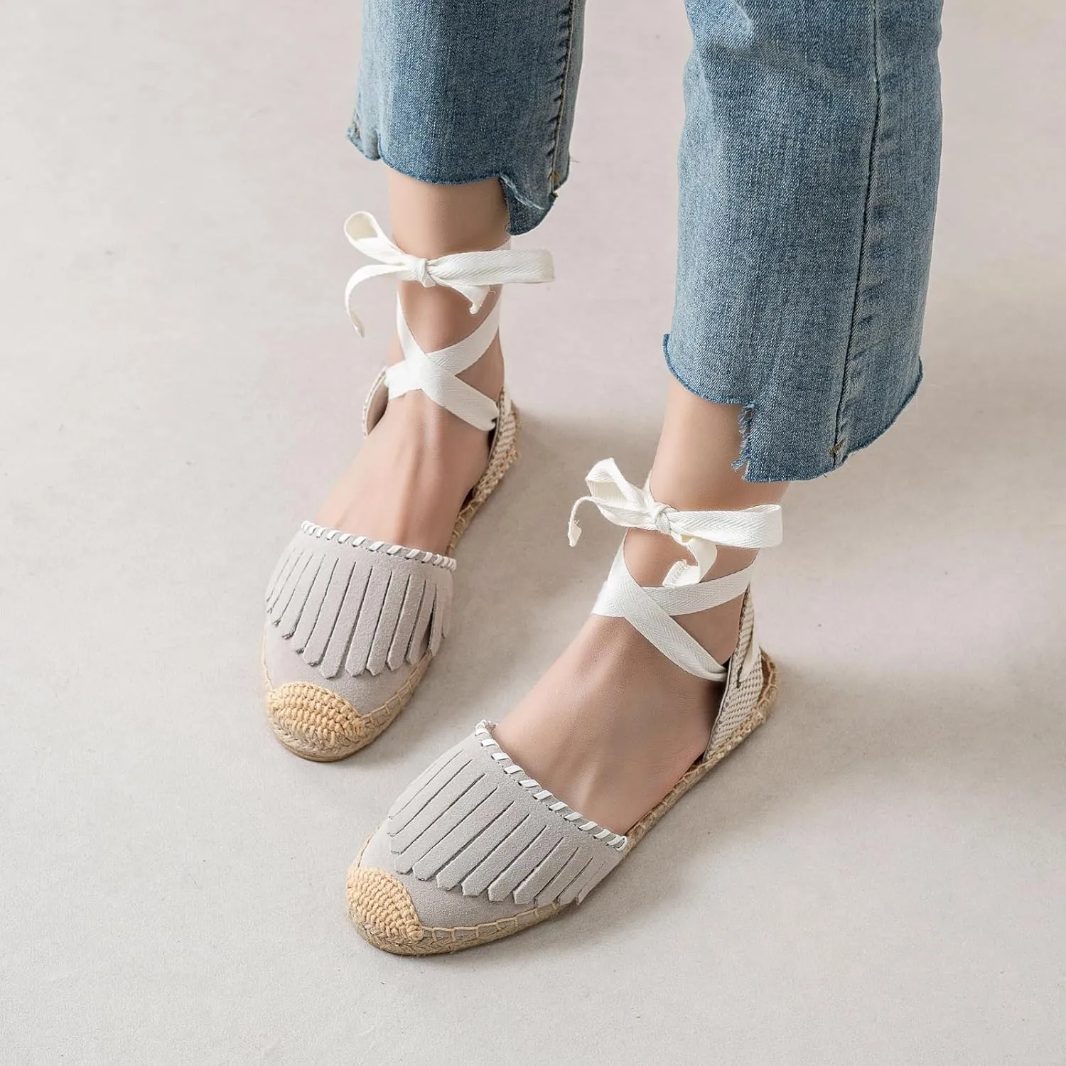 Women Espadrille Lace Up Flats Comfortable Summer Breathable Espadrille Sandals Adjustable Shoelace Dating Work Travel