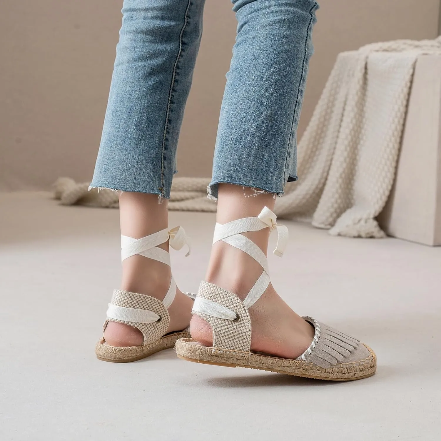 Women Espadrille Lace Up Flats Comfortable Summer Breathable Espadrille Sandals Adjustable Shoelace Dating Work Travel
