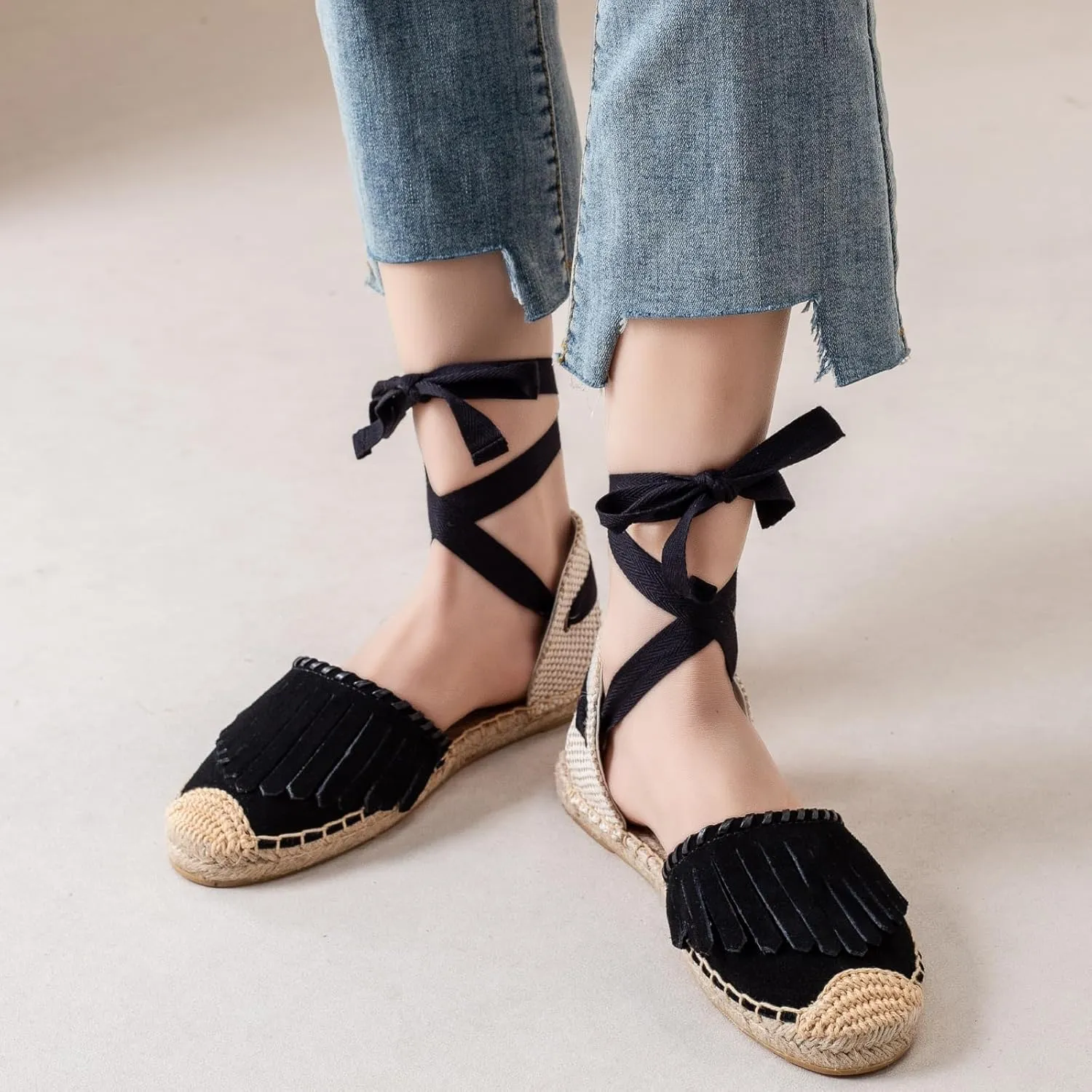 Women Espadrille Lace Up Flats Comfortable Summer Breathable Espadrille Sandals Adjustable Shoelace Dating Work Travel